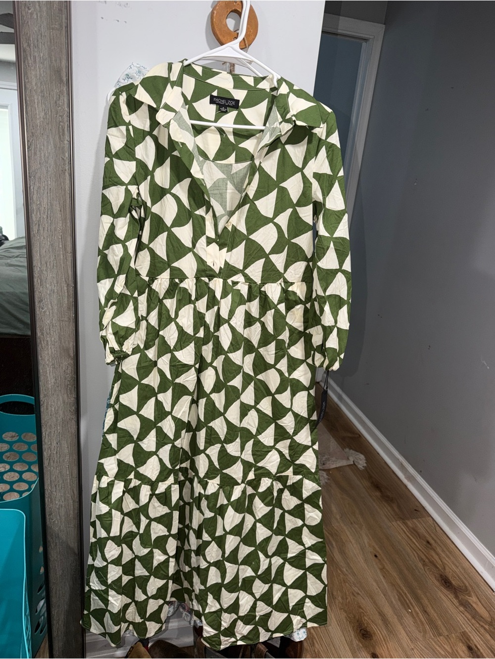 Rachel Zoe Olive Green & Cream Geometric Tiered Long Sleeve Dress
